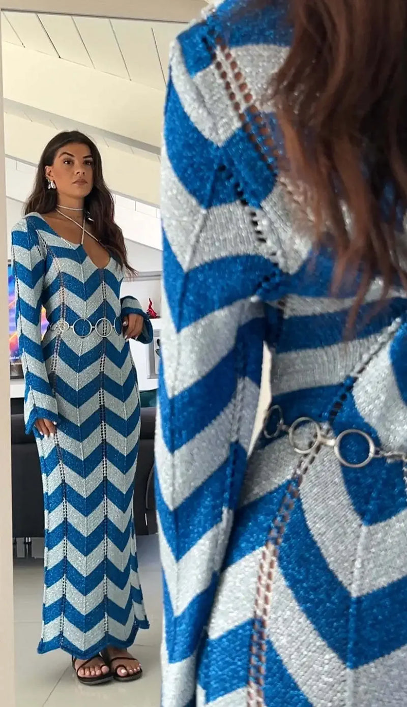 Striped Knit Lace-Up Maxi Cover-Up