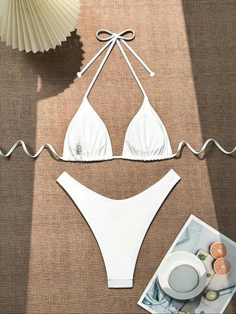 2025 Sexy Halter Thong Bikini – Double Fabric Lace-Up Brazilian Swimsuit
