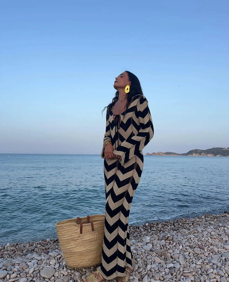 Striped Knit Lace-Up Maxi Cover-Up