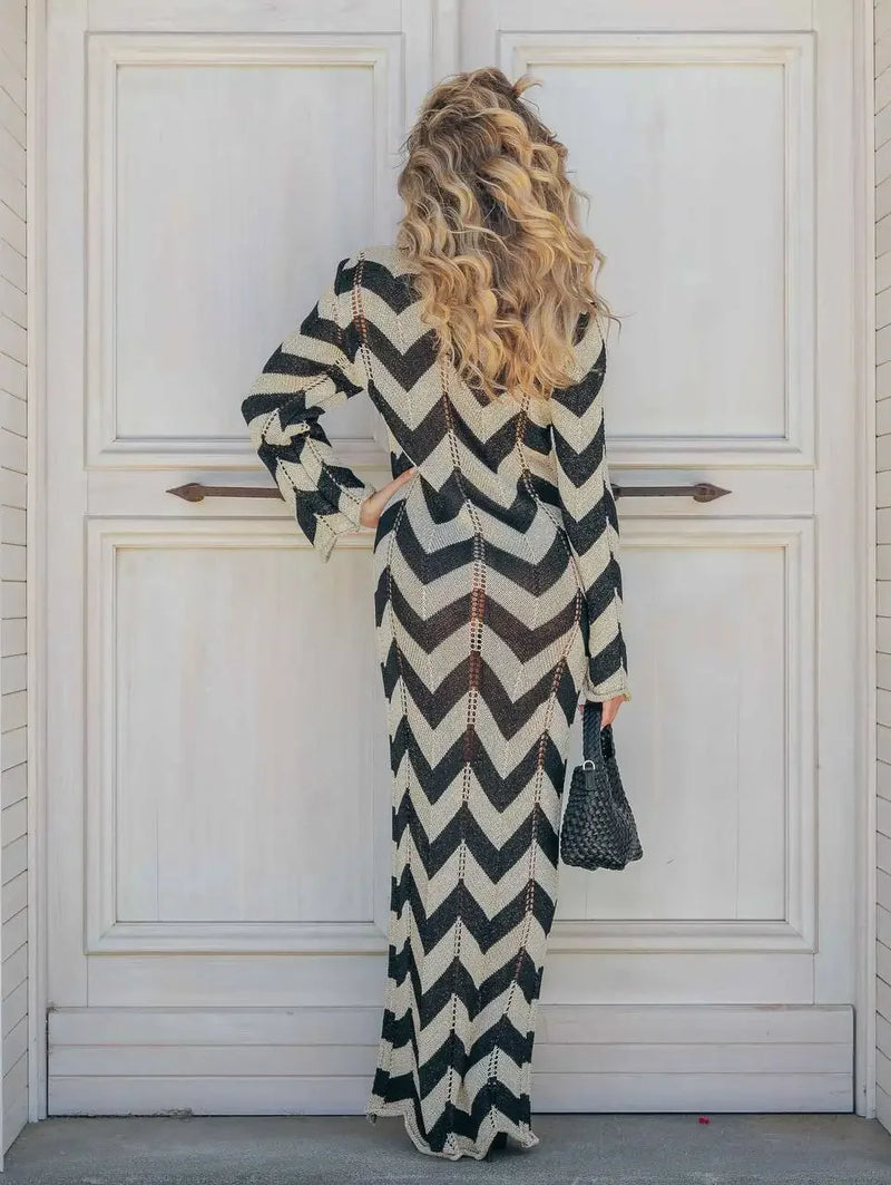 Striped Knit Lace-Up Maxi Cover-Up