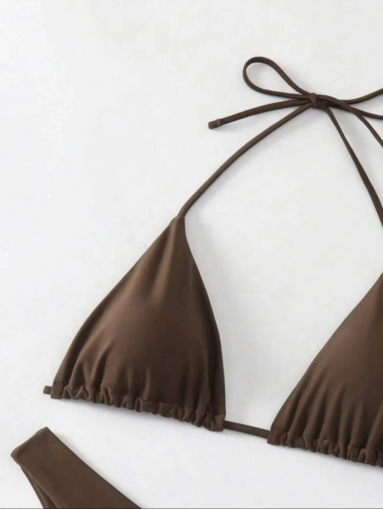 2025 Sexy Halter Thong Bikini – Double Fabric Lace-Up Brazilian Swimsuit