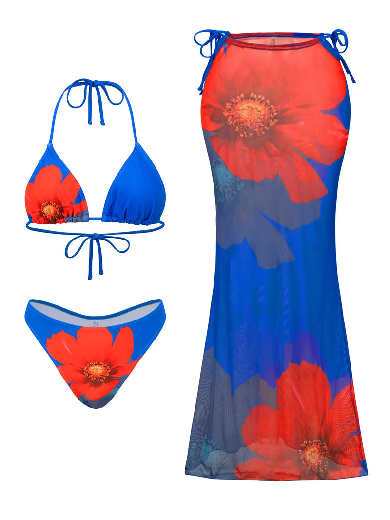 2025 Floral 3-Piece High Waist Bikini Set with Long Skirt – Beachwear for Women