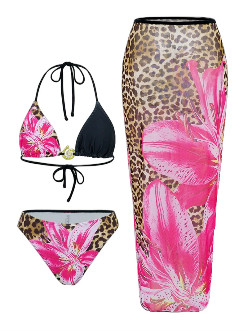 2025 Floral 3-Piece High Waist Bikini Set with Long Skirt – Beachwear for Women