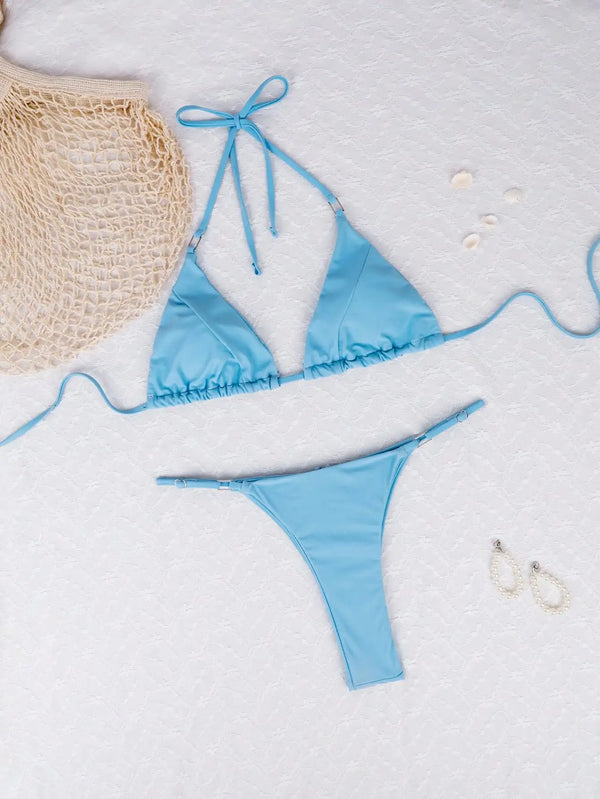 2025 Women’s Sexy Blue Triangle Bikini Set – High Cut Thong, Adjustable Straps