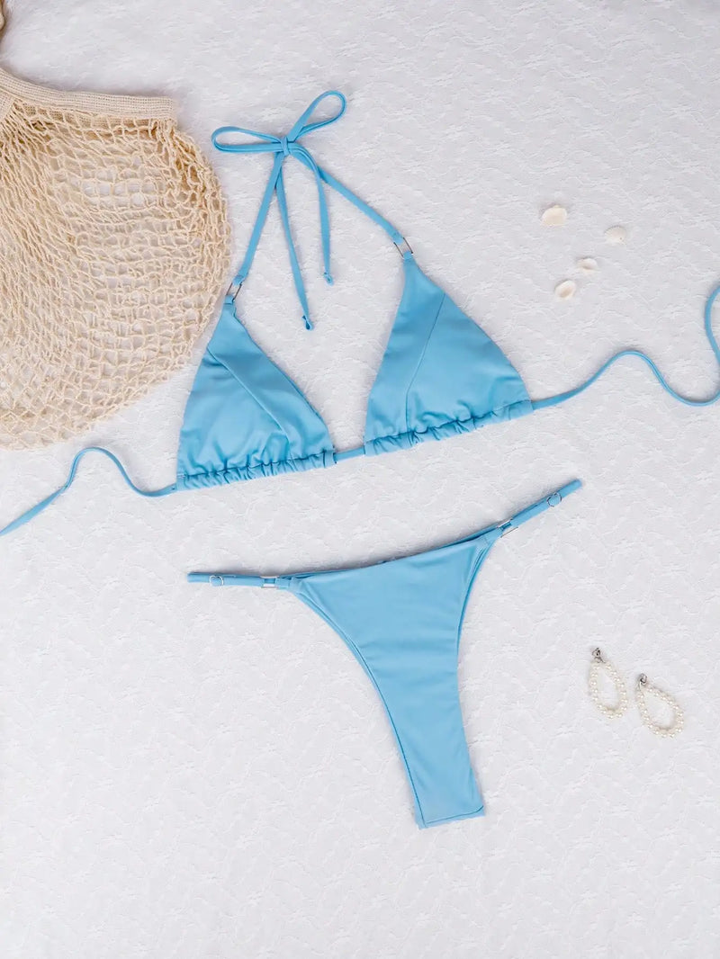 2025 Women’s Sexy Blue Triangle Bikini Set – High Cut Thong, Adjustable Straps