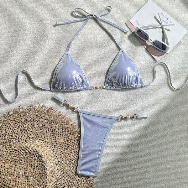 PU Faux Leather Halter Thong Bikini Set – Sexy Mini Two-Piece Swimwear for Women