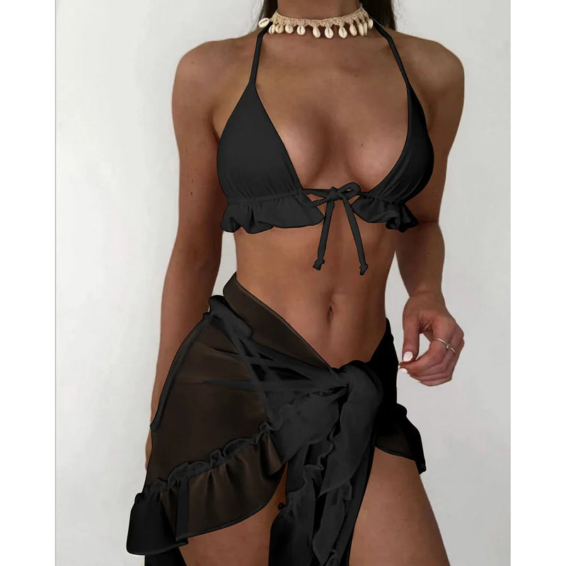 3-Piece Ruffled Bikini Set with Sarong – Halter Swimsuit for Women