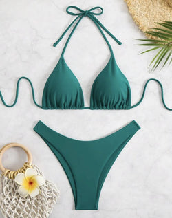 2025 Sexy Halter Thong Bikini – Double Fabric Lace-Up Brazilian Swimsuit