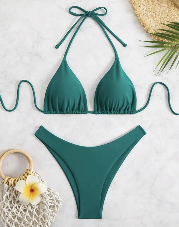 2025 Sexy Halter Thong Bikini – Double Fabric Lace-Up Brazilian Swimsuit