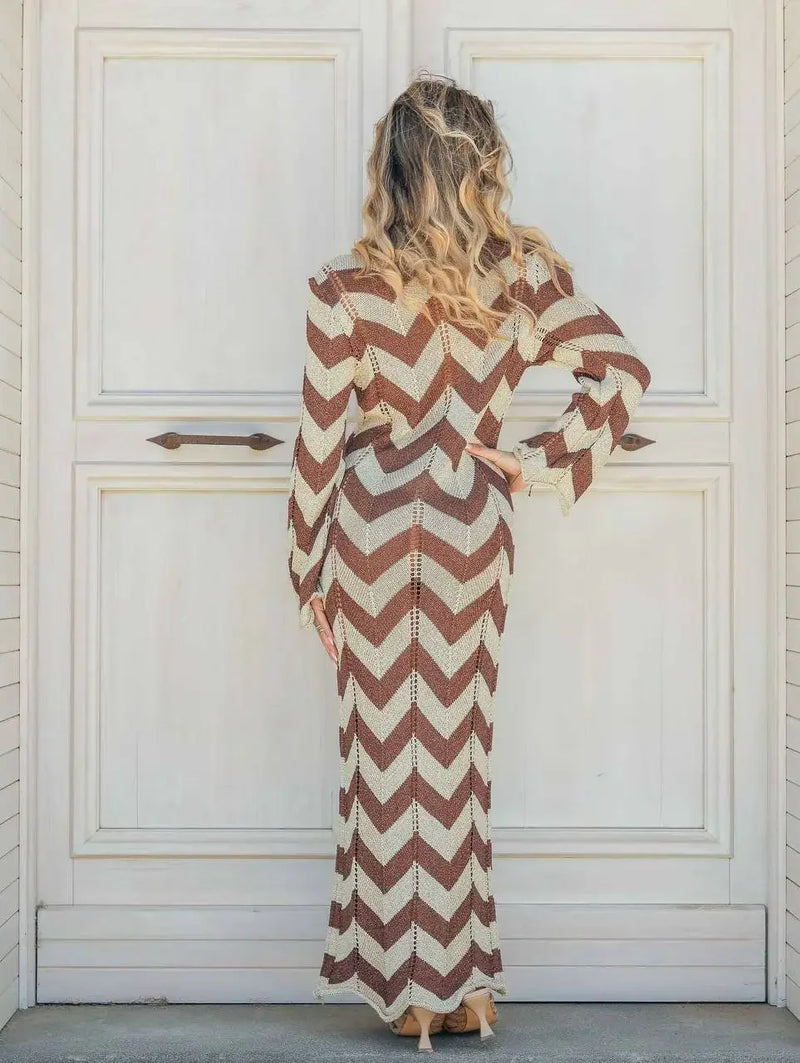 Striped Knit Lace-Up Maxi Cover-Up