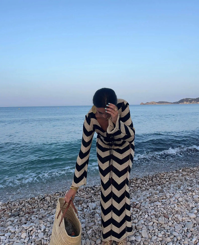 Striped Knit Lace-Up Maxi Cover-Up