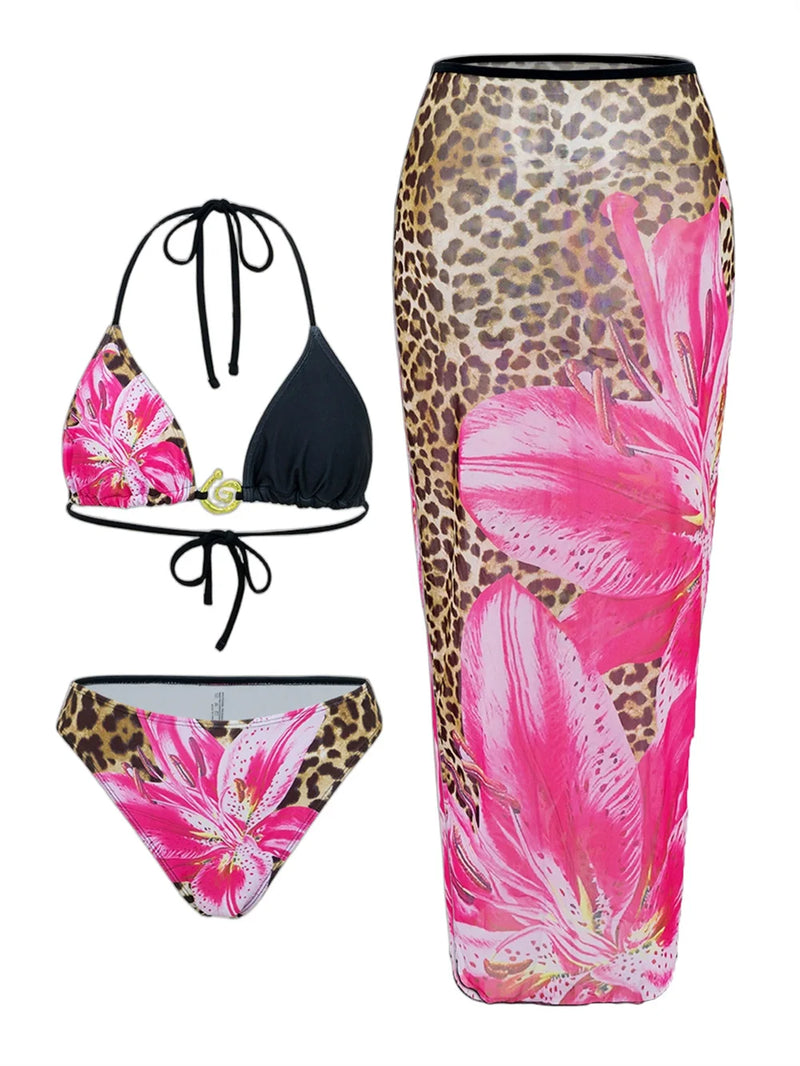 2025 Floral 3-Piece High Waist Bikini Set with Long Skirt – Beachwear for Women
