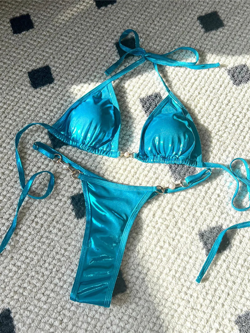 PU Faux Leather Halter Thong Bikini Set – Sexy Mini Two-Piece Swimwear for Women