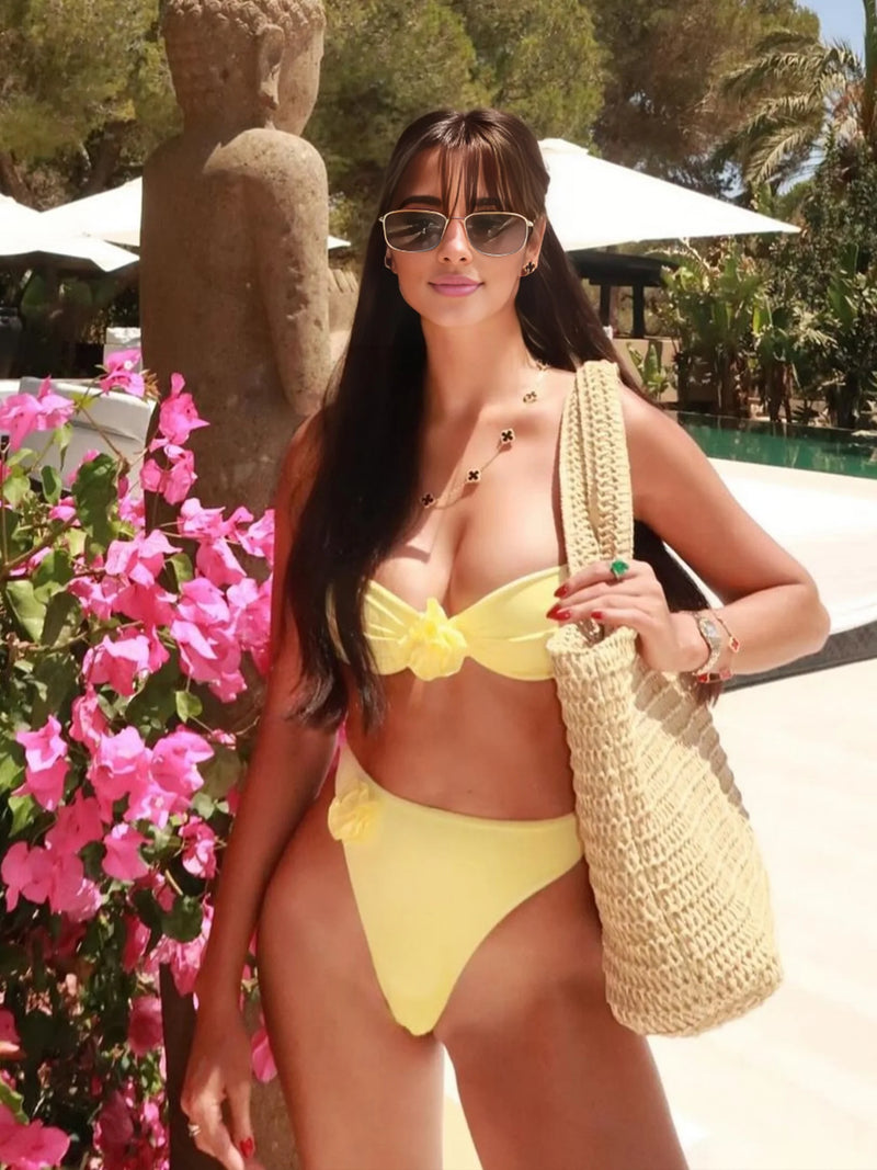Butter Yellow 3-Piece Bikini Set with Floral Skirt – Resort Wear 2025