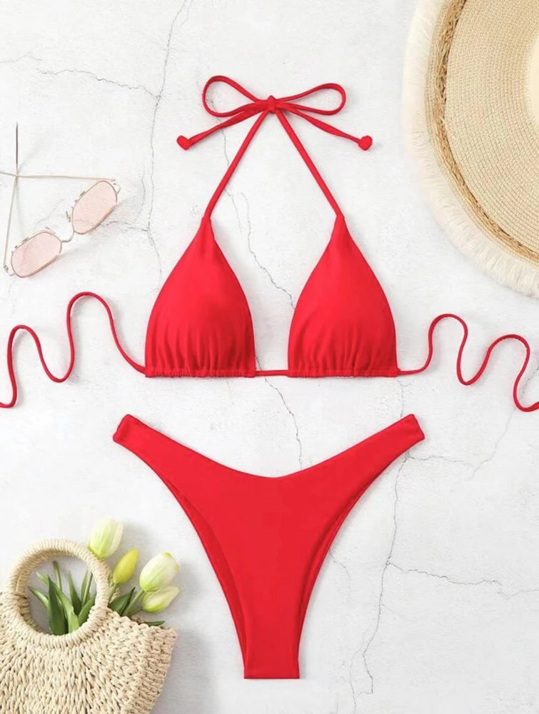 2025 Sexy Halter Thong Bikini – Double Fabric Lace-Up Brazilian Swimsuit