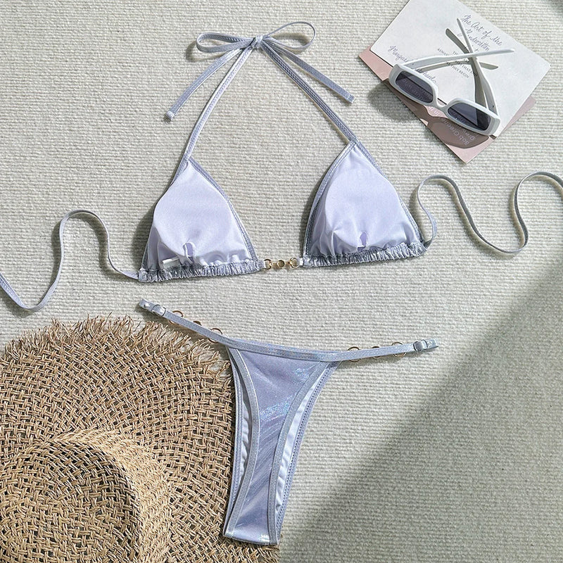 PU Faux Leather Halter Thong Bikini Set – Sexy Mini Two-Piece Swimwear for Women