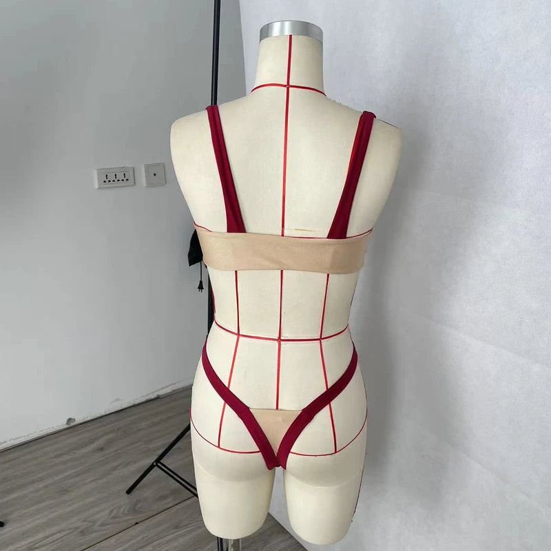 Contrasting Color High Waist Bikini Set – Backless Slim Thong Swimwear