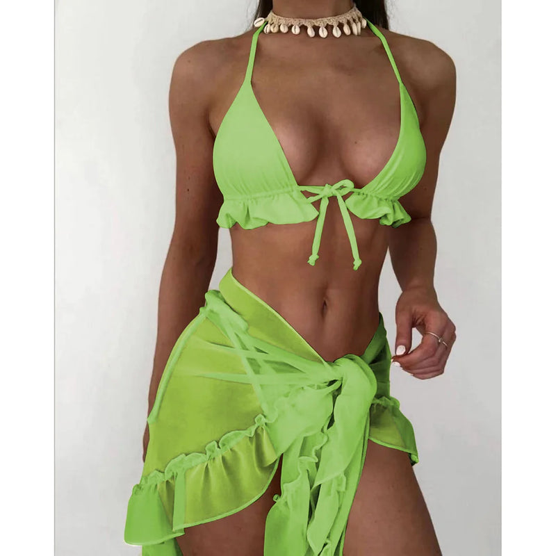 3-Piece Ruffled Bikini Set with Sarong – Halter Swimsuit for Women
