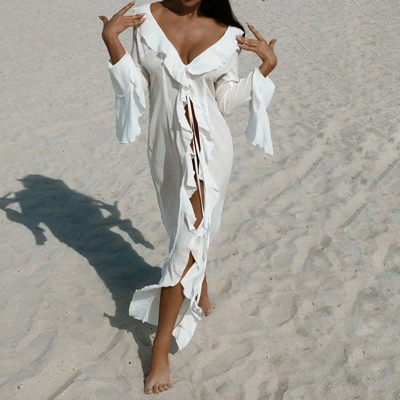 Chiffon V-Neck Ruffled Beach Cover-Up