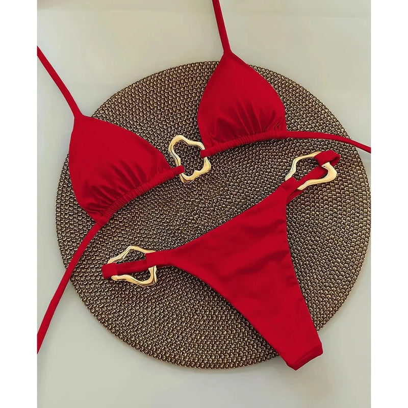 Lace-Up Split Two-Piece Bikini – Solid Color