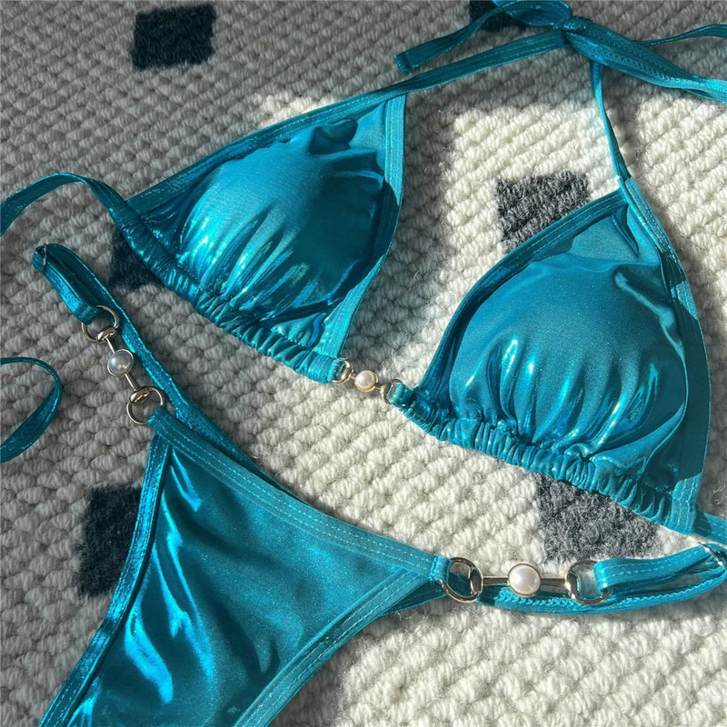 PU Faux Leather Halter Thong Bikini Set – Sexy Mini Two-Piece Swimwear for Women