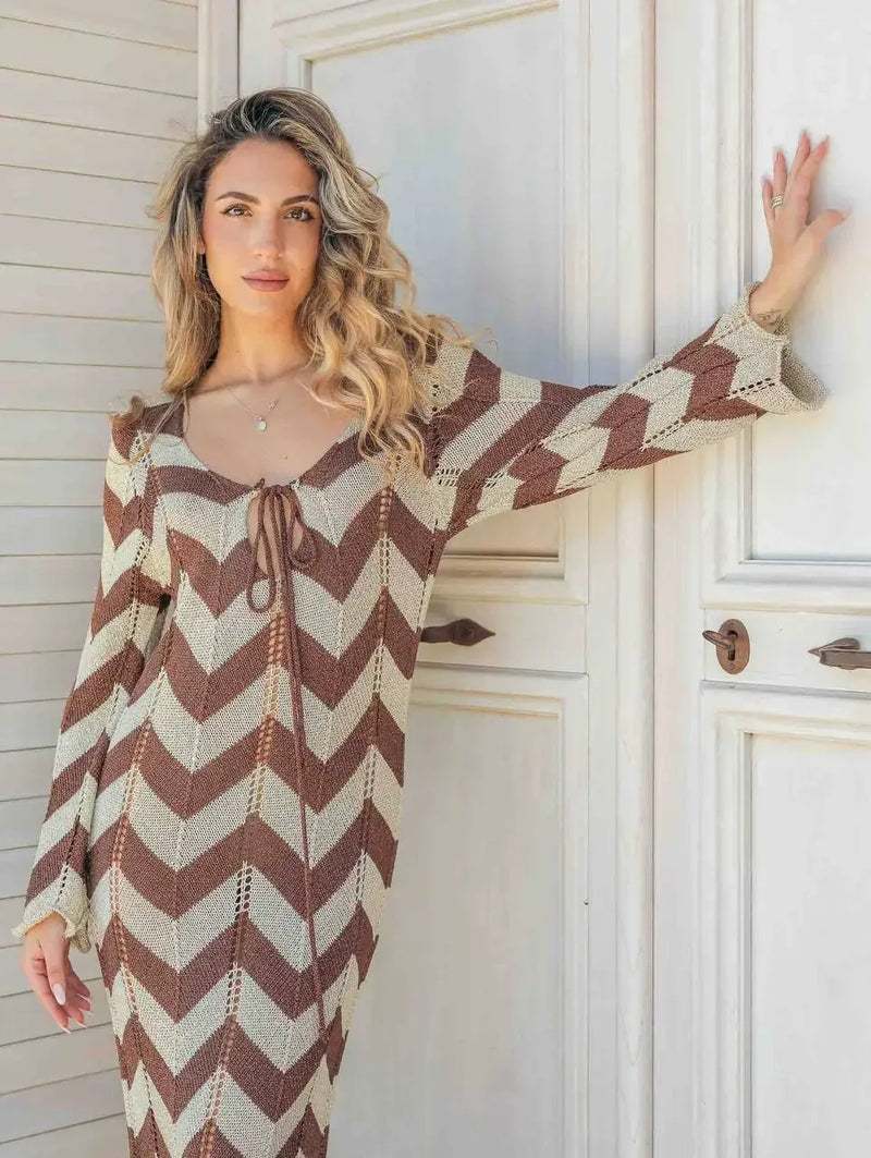 Striped Knit Lace-Up Maxi Cover-Up