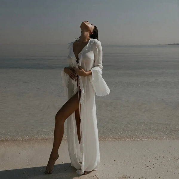 Chiffon V-Neck Ruffled Beach Cover-Up