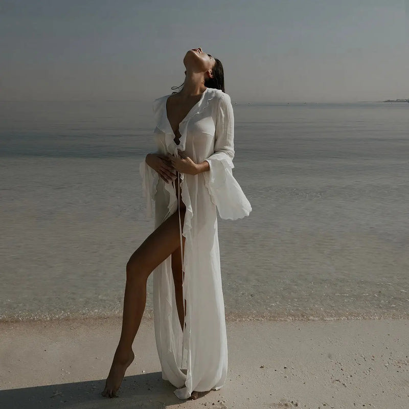 Chiffon V-Neck Ruffled Beach Cover-Up