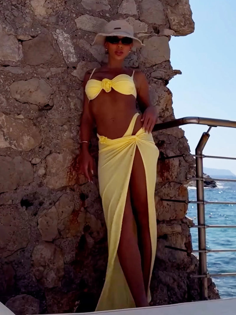 Butter Yellow 3-Piece Bikini Set with Floral Skirt – Resort Wear 2025