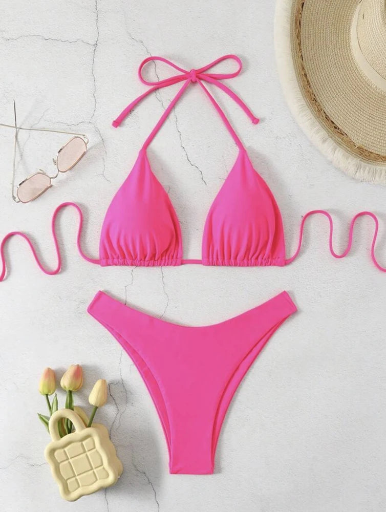 2025 Sexy Halter Thong Bikini – Double Fabric Lace-Up Brazilian Swimsuit