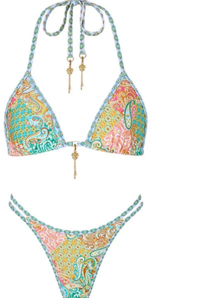 2025 Tropical Lace-Up Micro Thong Bikini Set – Halter Swimsuit for Women