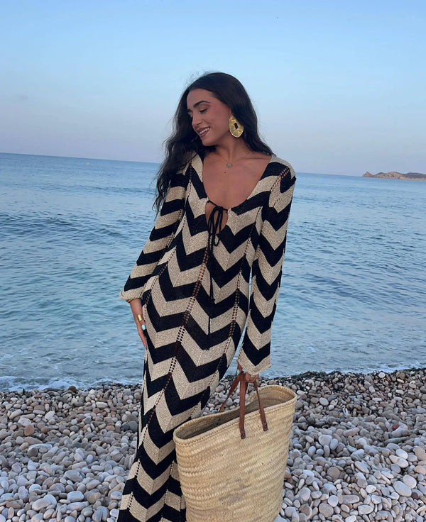 Striped Knit Lace-Up Maxi Cover-Up