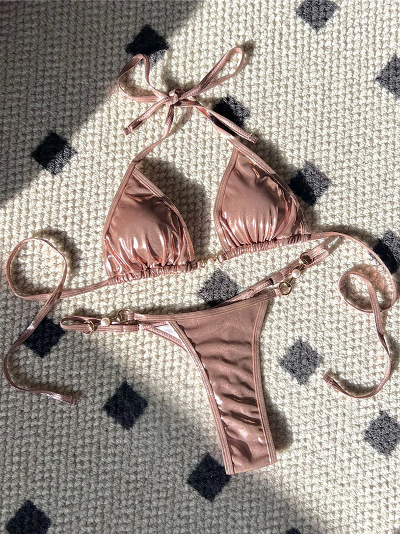PU Faux Leather Halter Thong Bikini Set – Sexy Mini Two-Piece Swimwear for Women