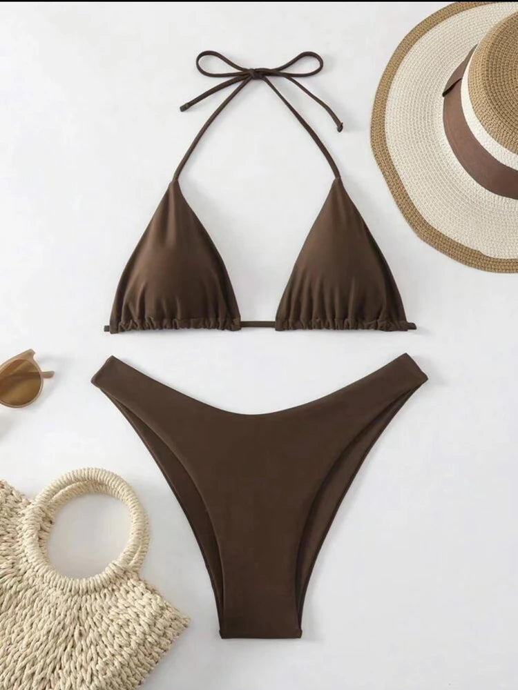 2025 Sexy Halter Thong Bikini – Double Fabric Lace-Up Brazilian Swimsuit