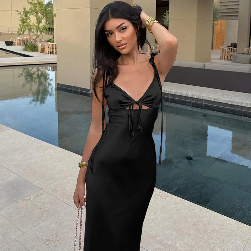 Backless Lace-Up Cut Out Midi Dress