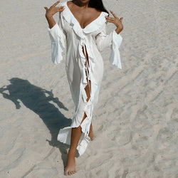 Chiffon V-Neck Ruffled Beach Cover-Up
