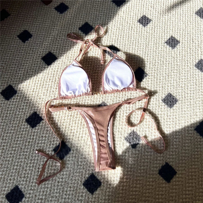 PU Faux Leather Halter Thong Bikini Set – Sexy Mini Two-Piece Swimwear for Women