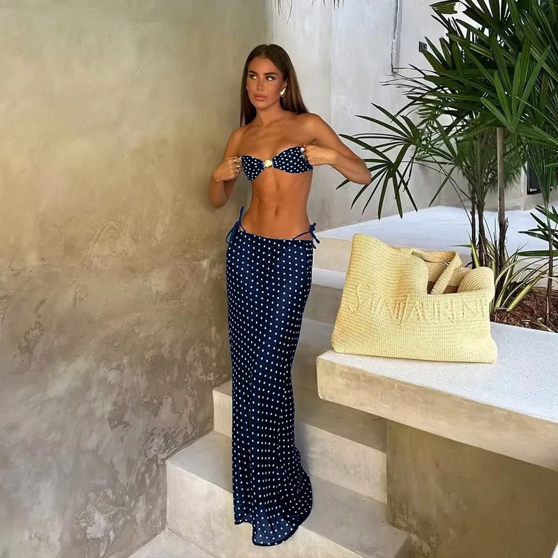 Polka Dot 3-Piece Bandeau Bikini Set with Long Skirt – Summer Beachwear 2025