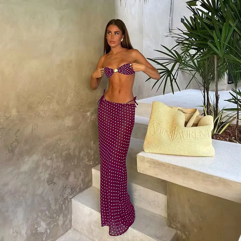 Polka Dot 3-Piece Bandeau Bikini Set with Long Skirt – Summer Beachwear 2025