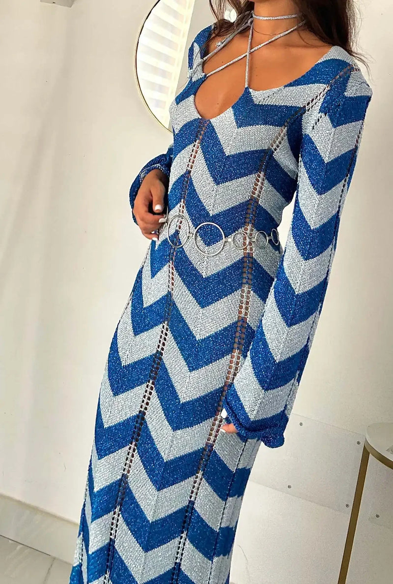 Striped Knit Lace-Up Maxi Cover-Up