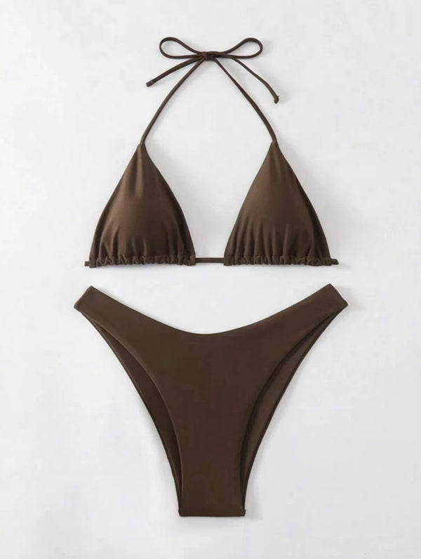 2025 Sexy Halter Thong Bikini – Double Fabric Lace-Up Brazilian Swimsuit