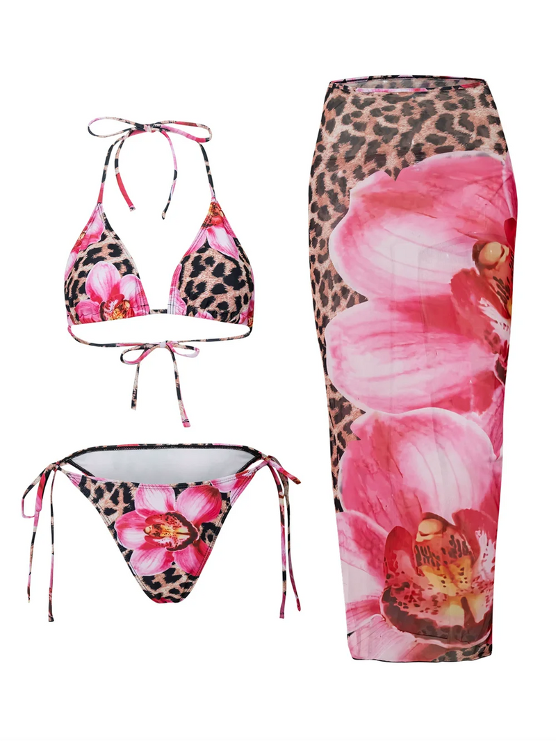 2025 Floral 3-Piece High Waist Bikini Set with Long Skirt – Beachwear for Women