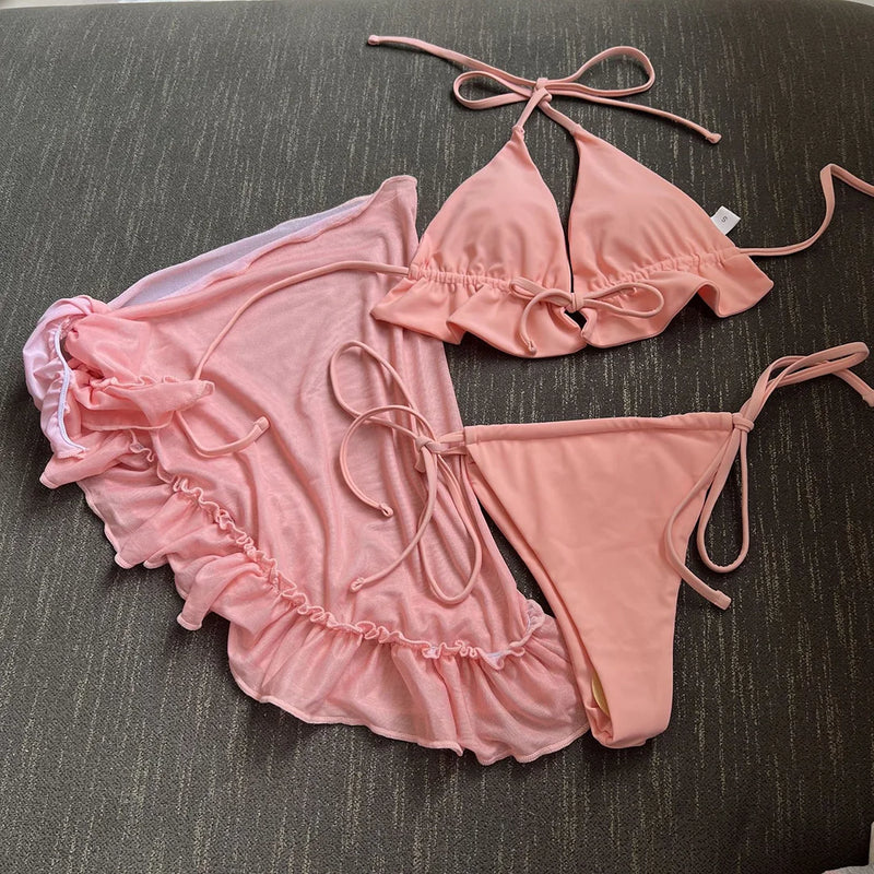 3-Piece Ruffled Bikini Set with Sarong – Halter Swimsuit for Women