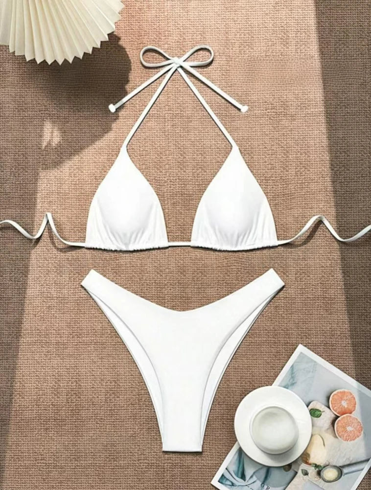 2025 Sexy Halter Thong Bikini – Double Fabric Lace-Up Brazilian Swimsuit