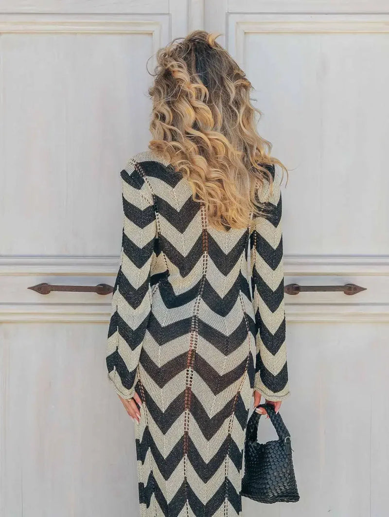 Striped Knit Lace-Up Maxi Cover-Up