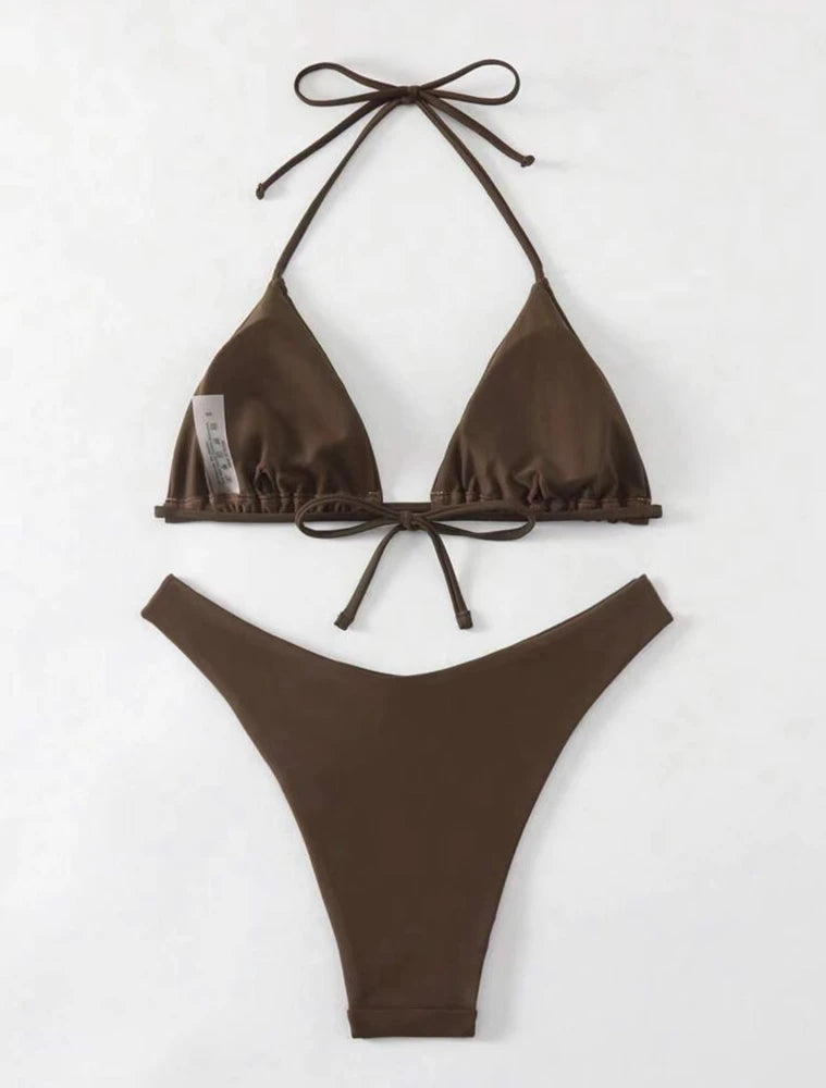 2025 Sexy Halter Thong Bikini – Double Fabric Lace-Up Brazilian Swimsuit