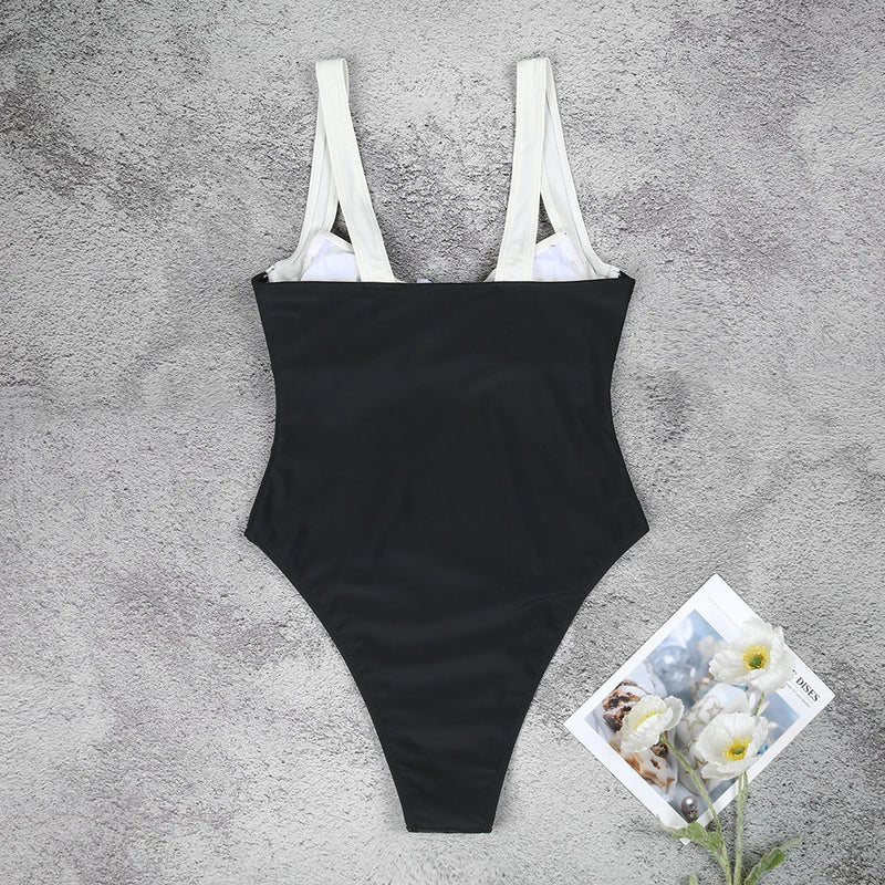 2024 Solid Black & White One-Piece Swimsuit