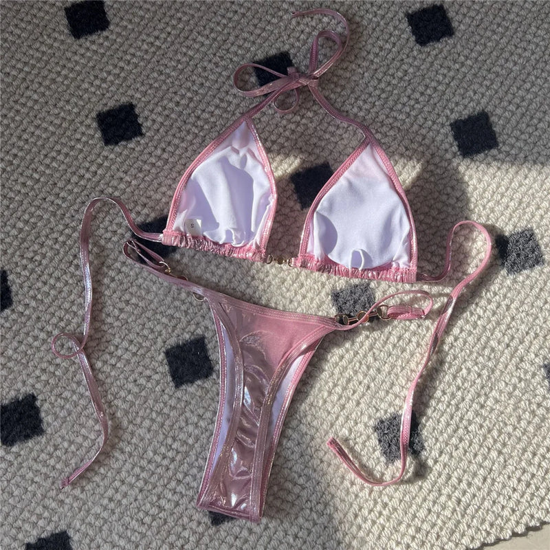 PU Faux Leather Halter Thong Bikini Set – Sexy Mini Two-Piece Swimwear for Women