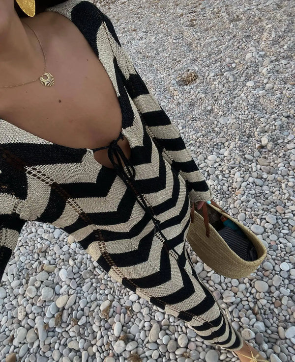 Striped Knit Lace-Up Maxi Cover-Up