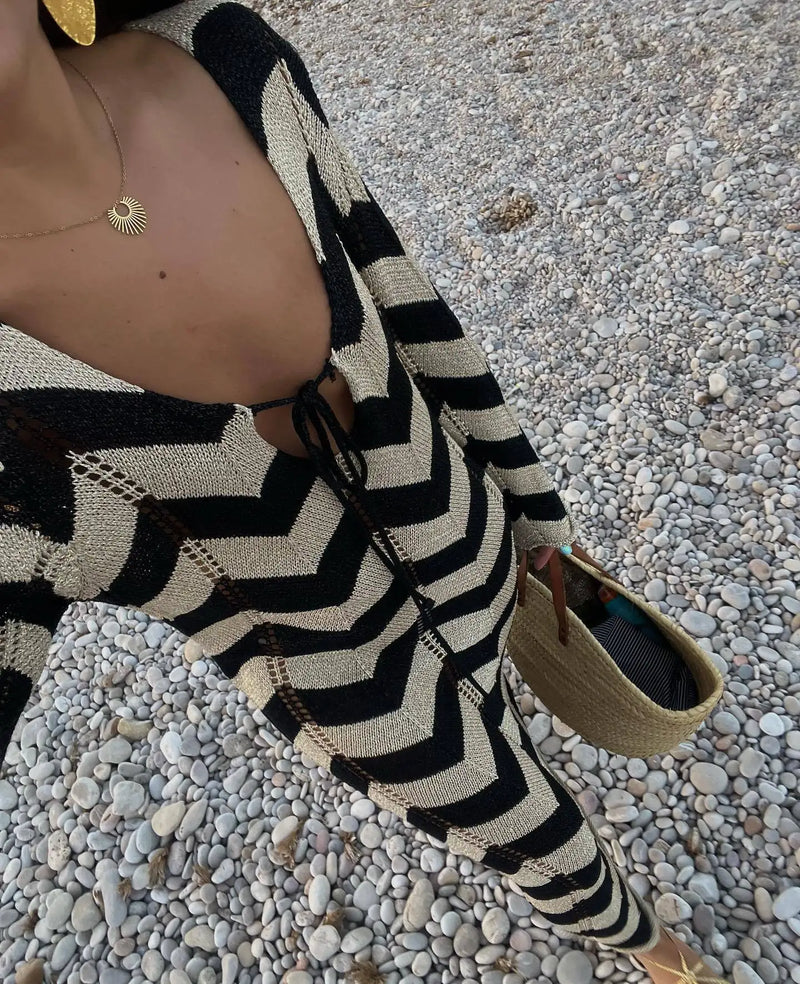 Striped Knit Lace-Up Maxi Cover-Up